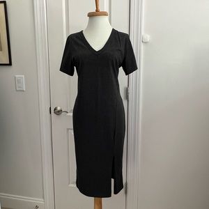 Gray, semi fitted, v neck, T-shirt dress, with side slit.